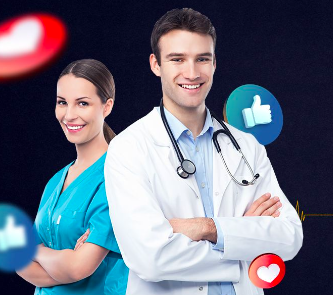 طبيب وطبية مع أيقونات أعجبني وأحبه